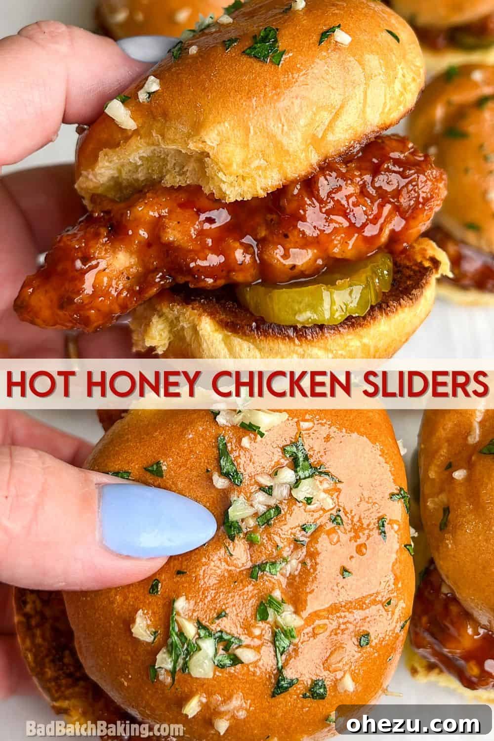 A perfectly fried and generously glazed Hot Honey Chicken Slider, ready for serving or pinning to a food board.