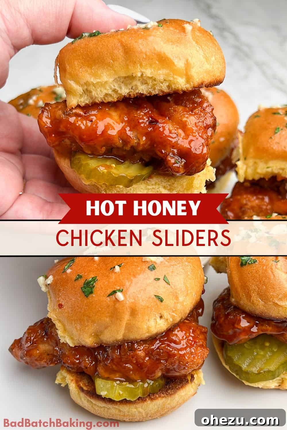 An appetizing overhead view of Hot Honey Chicken Sliders arranged on a plate, with a side of creamy ranch for dipping, perfect for food photography.