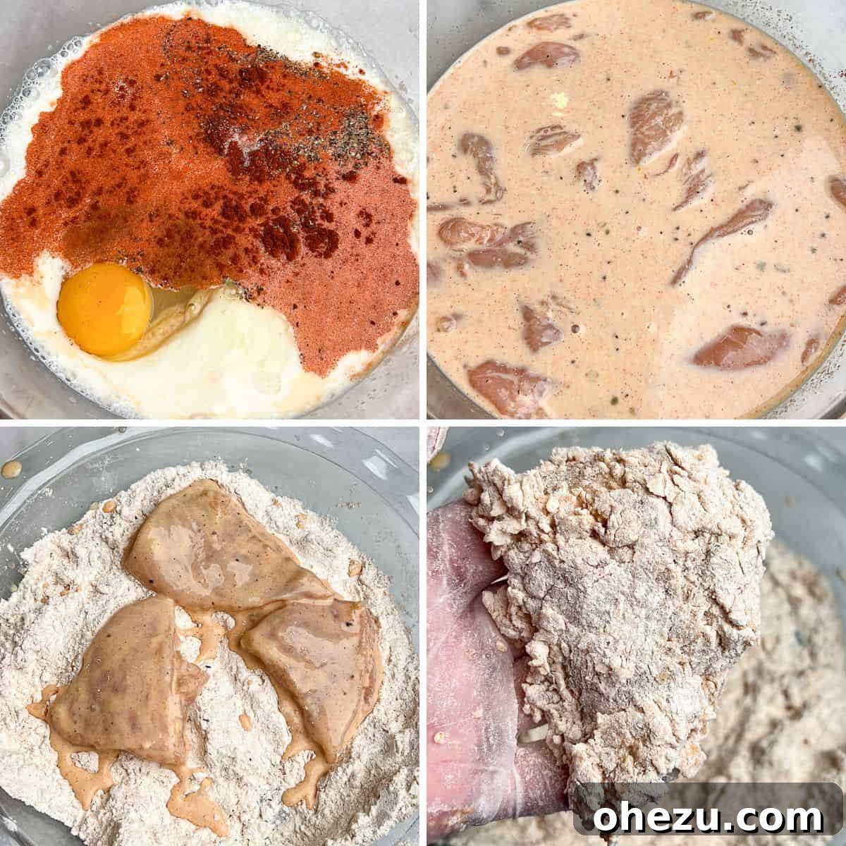 Raw chicken pieces marinating in a creamy, seasoned wet batter in a clear glass bowl, ready for the next step of preparation.