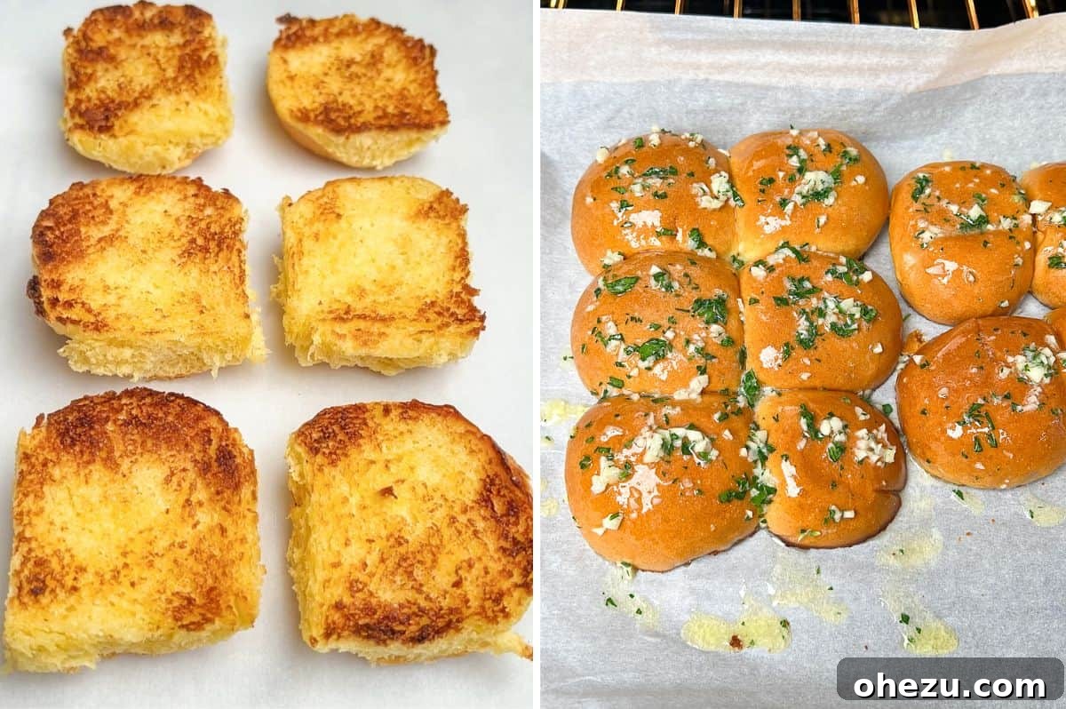 Golden-brown toasted brioche slider buns, brushed with garlic butter, arranged neatly on a baking sheet after being broiled.