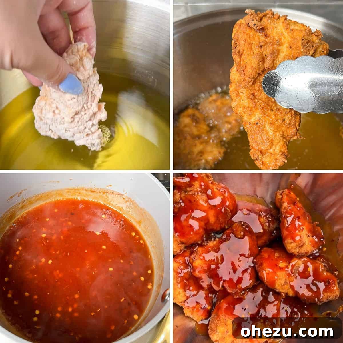 Crispy fried chicken tenders being tossed and coated in a shiny, vibrant hot honey glaze within a large mixing bowl.