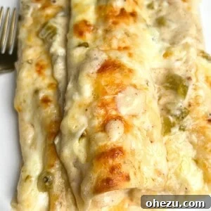 Southwestern Green Chile Chicken Enchiladas 12 A top-down view of green chile chicken enchiladas on a plate, showcasing the creamy sauce and golden-brown melted cheese, garnished with fresh cilantro.