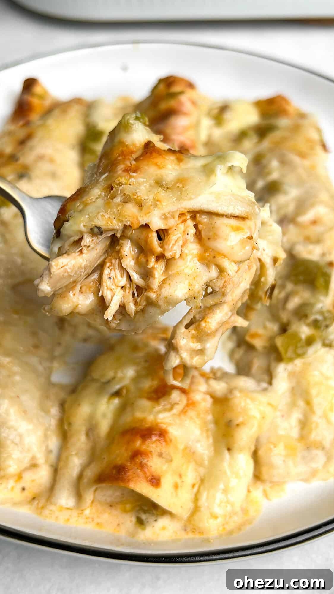 Southwestern Green Chile Chicken Enchiladas 3 Close-up shot of two green chile chicken enchiladas on a ceramic plate, showcasing the bubbling cheese and rich, creamy sauce, garnished with fresh herbs.