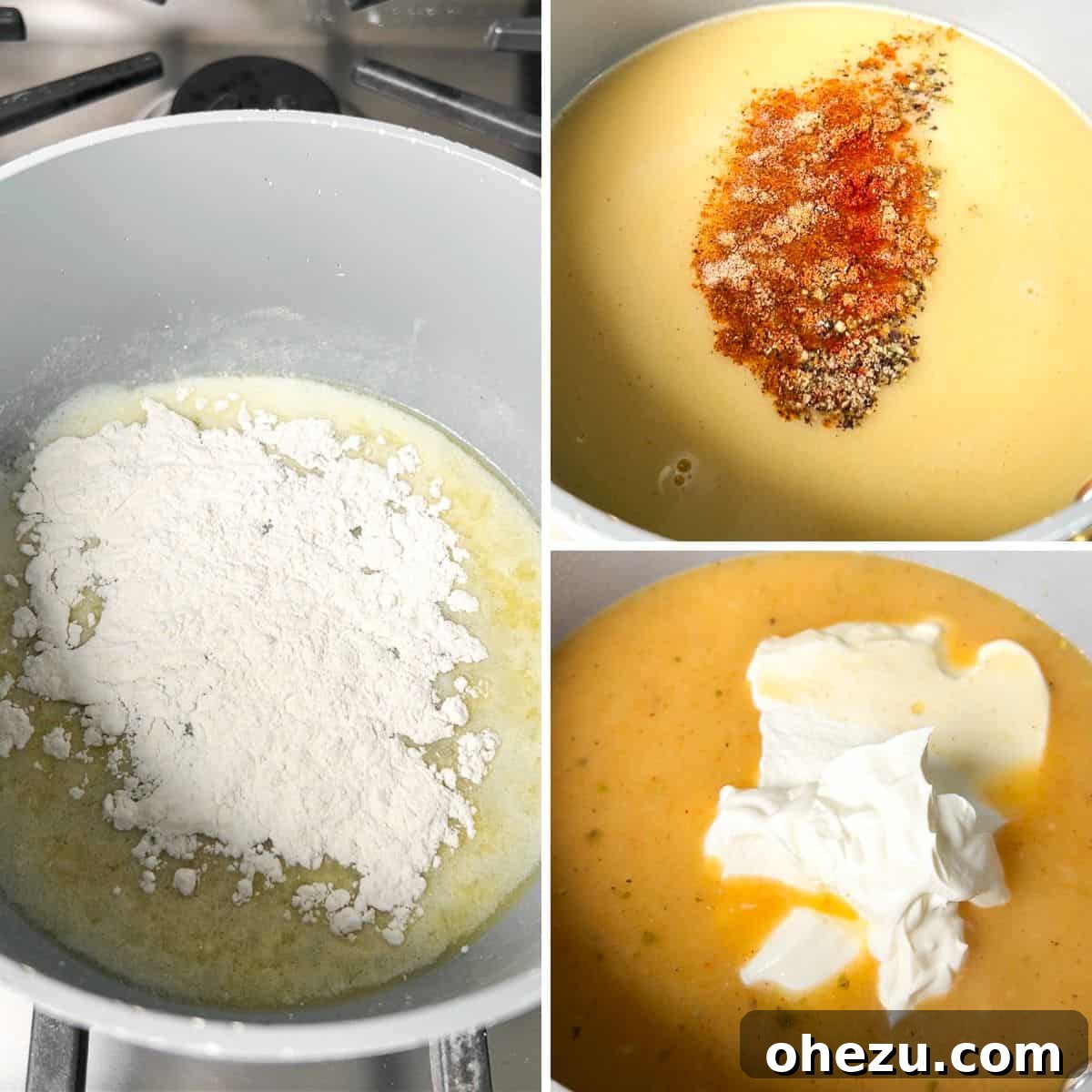 Southwestern Green Chile Chicken Enchiladas 5 A large saucepan on the stovetop showing the initial steps of making the white enchilada sauce: butter melting, minced garlic sautéing, and flour being whisked in to form a creamy roux.