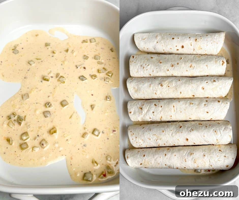 Southwestern Green Chile Chicken Enchiladas 8 Assembled chicken enchiladas neatly arranged in a casserole dish, being completely covered with the rich, creamy green chile sauce before being placed in the oven.