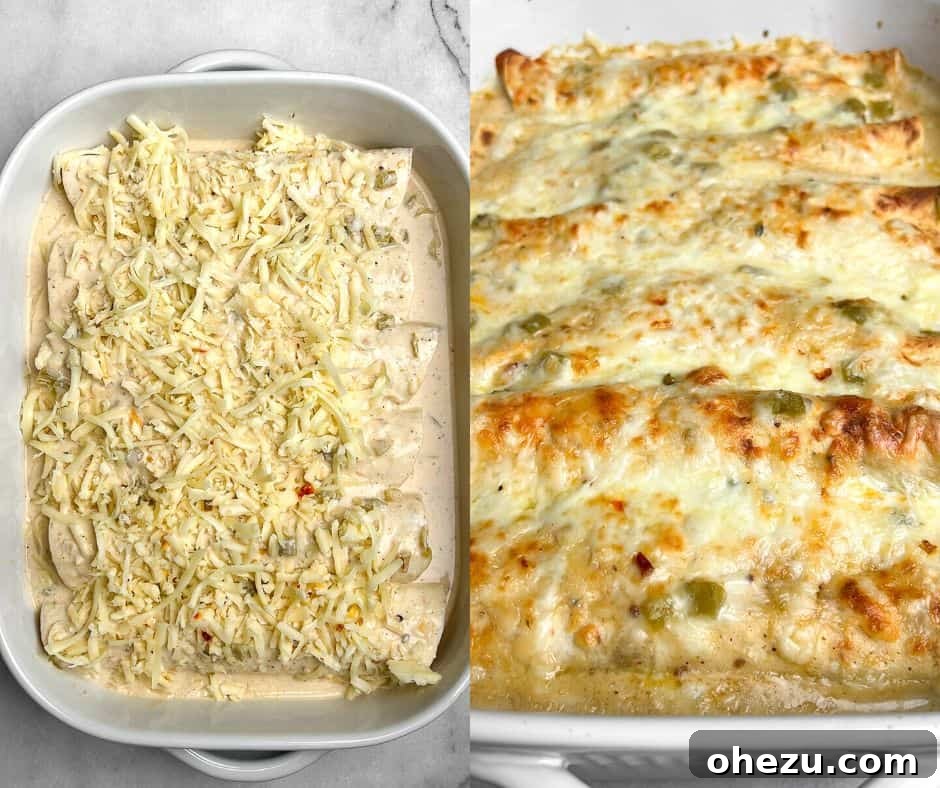Southwestern Green Chile Chicken Enchiladas 9 A bubbling casserole dish filled with perfectly baked green chile chicken enchiladas, topped with golden melted cheese, fresh out of the oven and ready to serve.