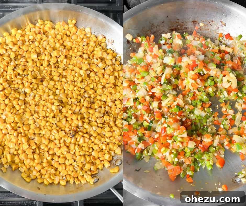 A side-by-side comparison showing corn, peppers, and onions before and after being sautéed in a skillet, highlighting the caramelization.