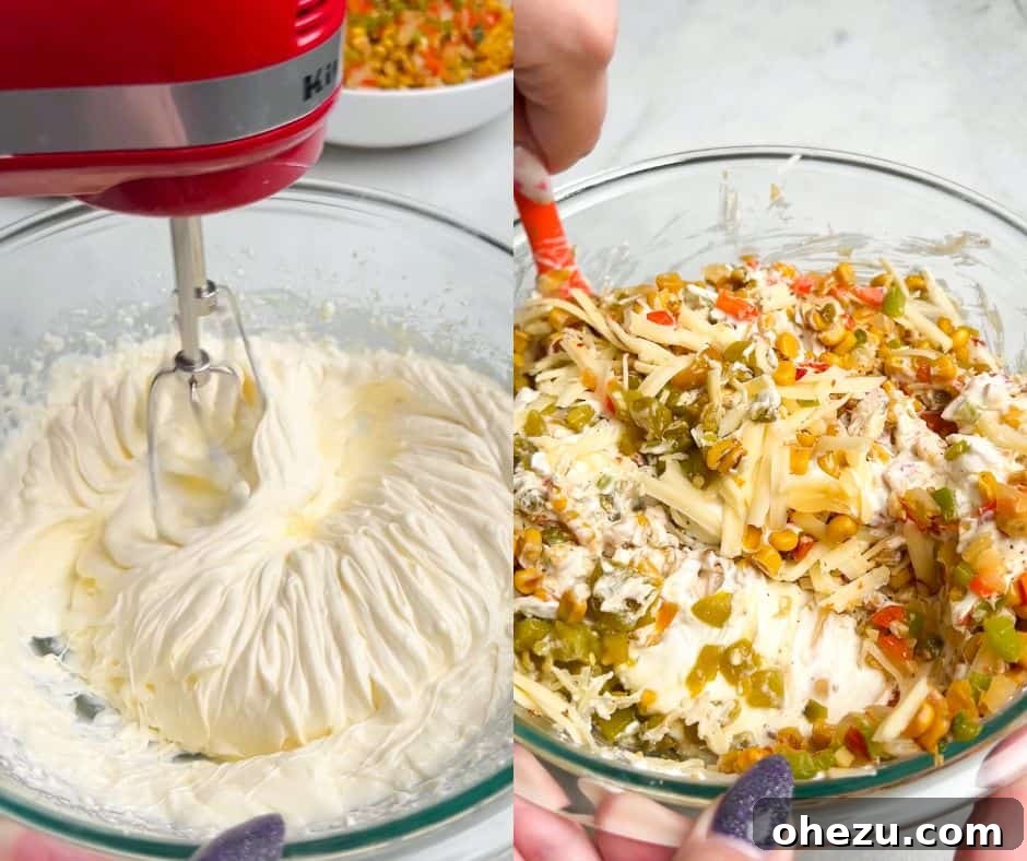 A large mixing bowl containing the creamy base with sautéed corn, peppers, and onions being folded in, demonstrating the thorough mixing process.