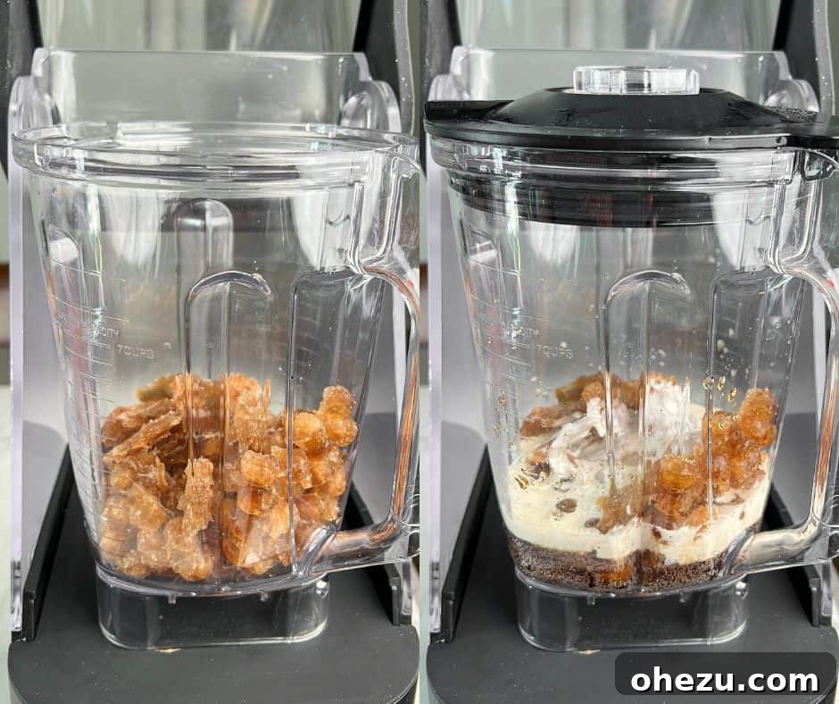 Preparing the whipped Dr. Pepper in a blender with frozen soda cubes and liquid Dr. Pepper.