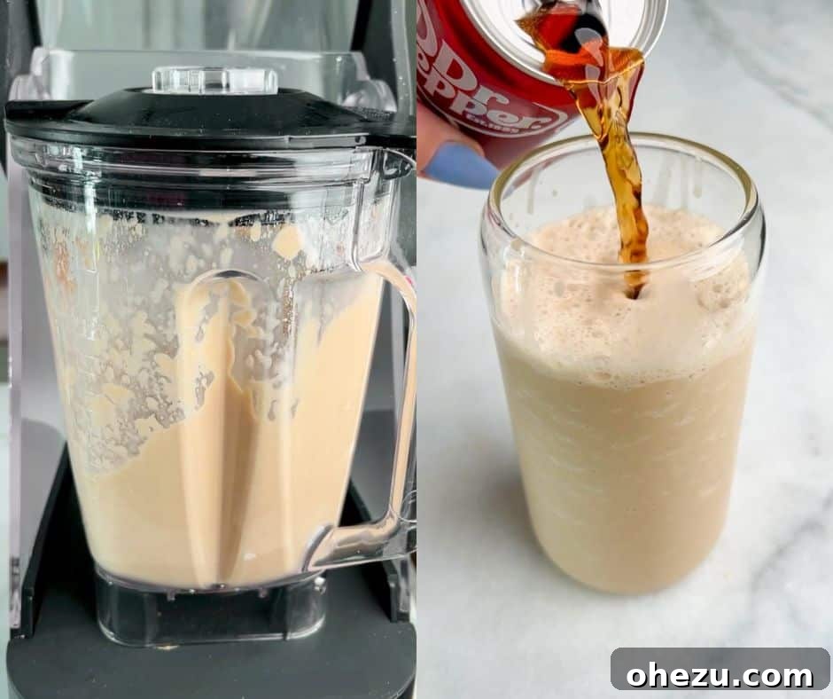 Pouring the creamy whipped Dr. Pepper from the blender into a glass, ready for garnish.