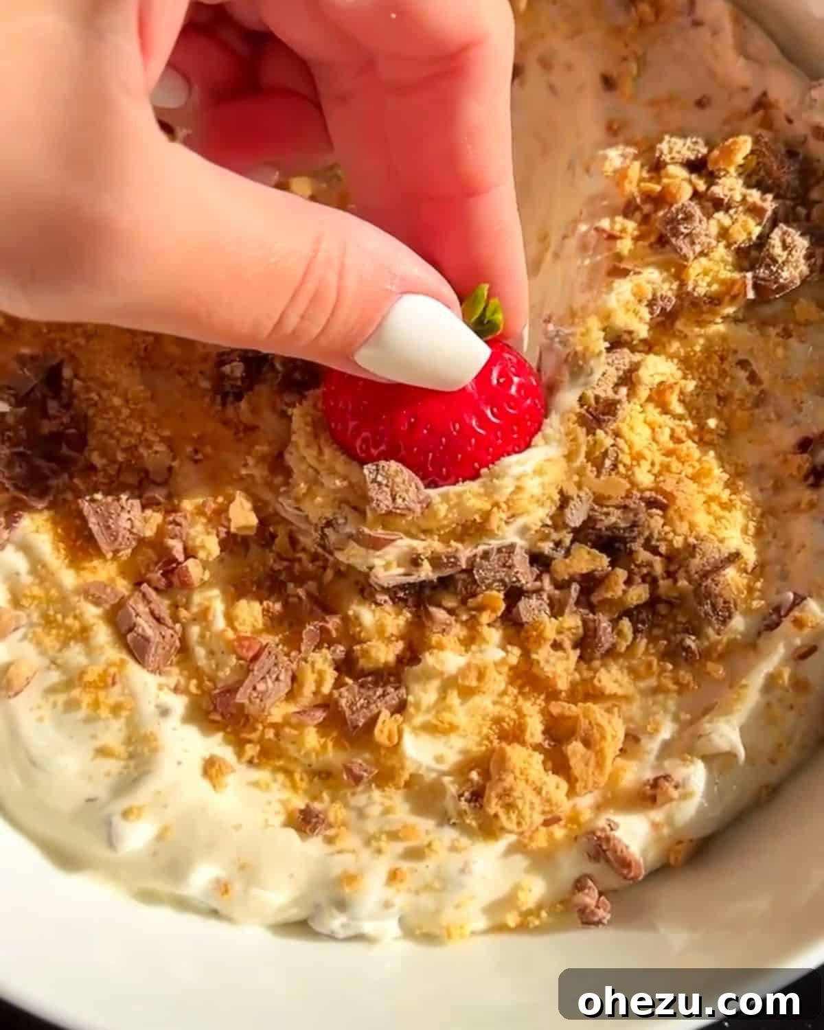 Gooey Smores Treat 8 strawberry dipping into a no-bake s'mores dip