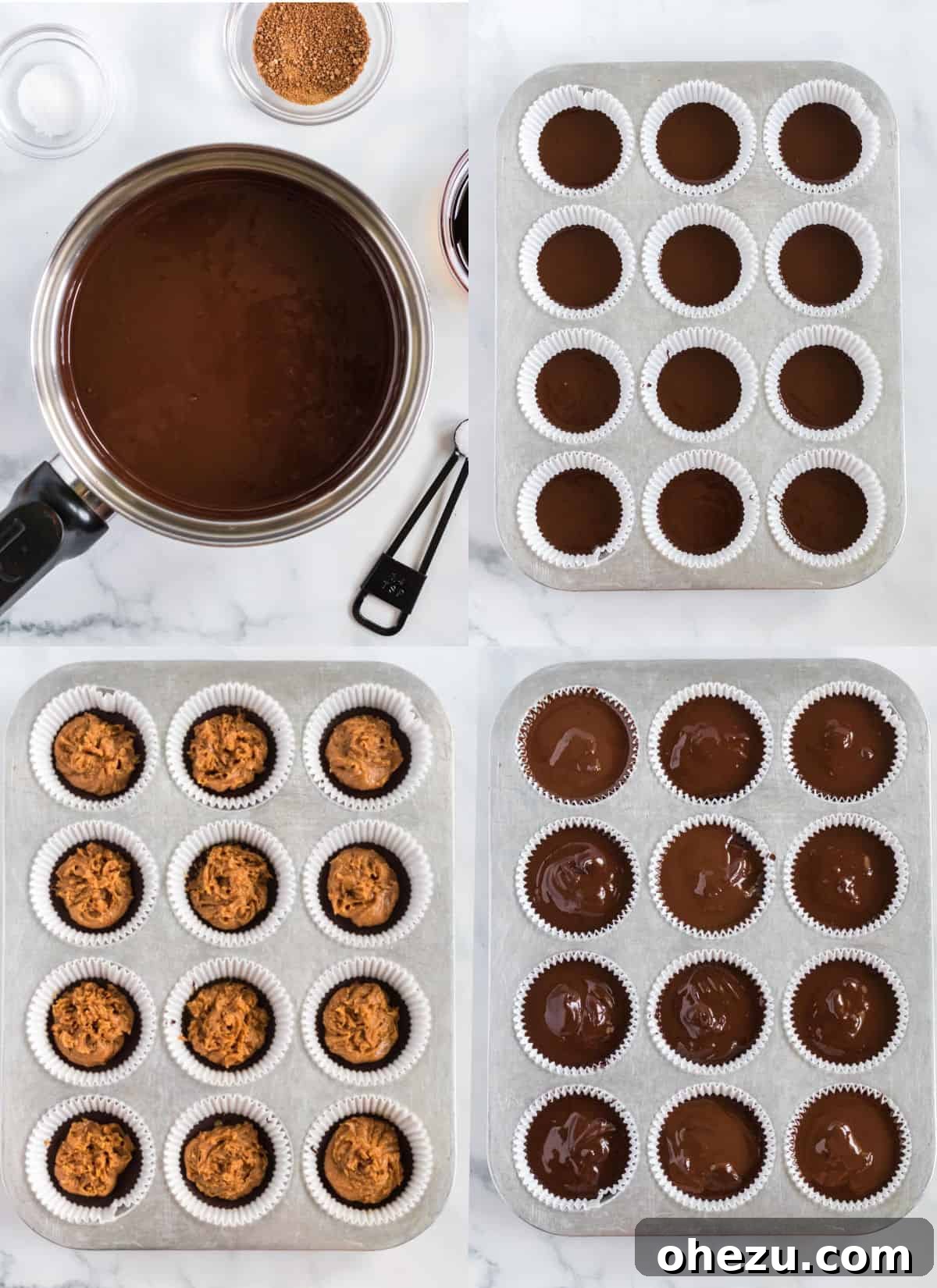 Decadent Vegan Peanut Butter Cups 6 collage image showing the steps to make peanut butter cups