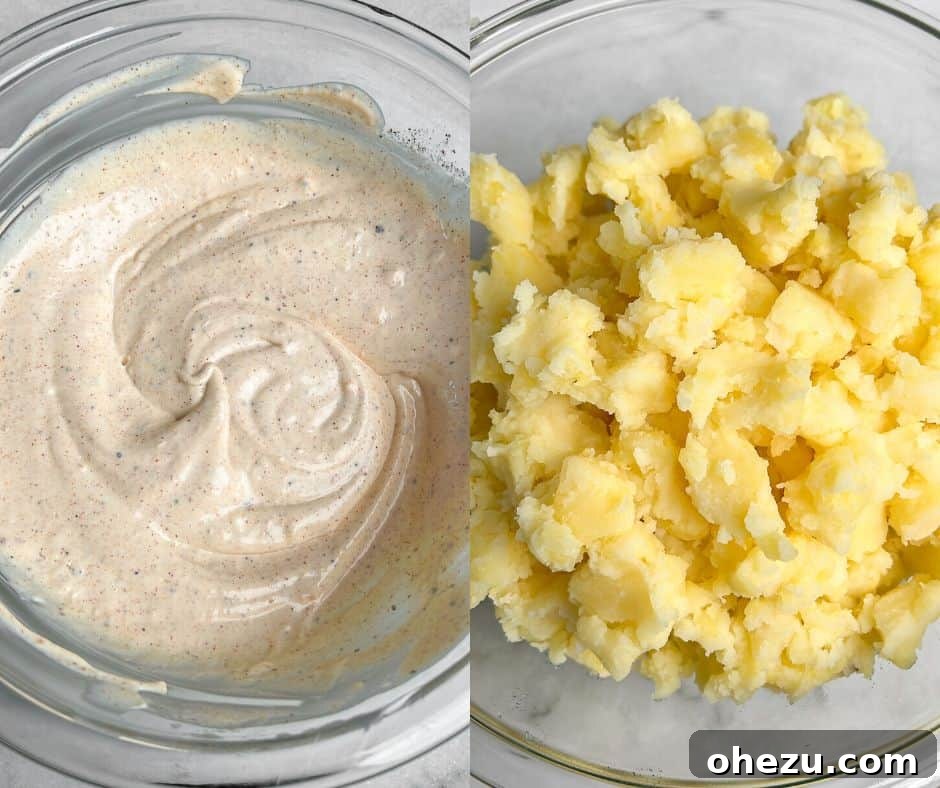 Two bowls side-by-side: one with cooked potatoes ready for mashing and dicing, and the other with the creamy, whisked eggless potato salad dressing.