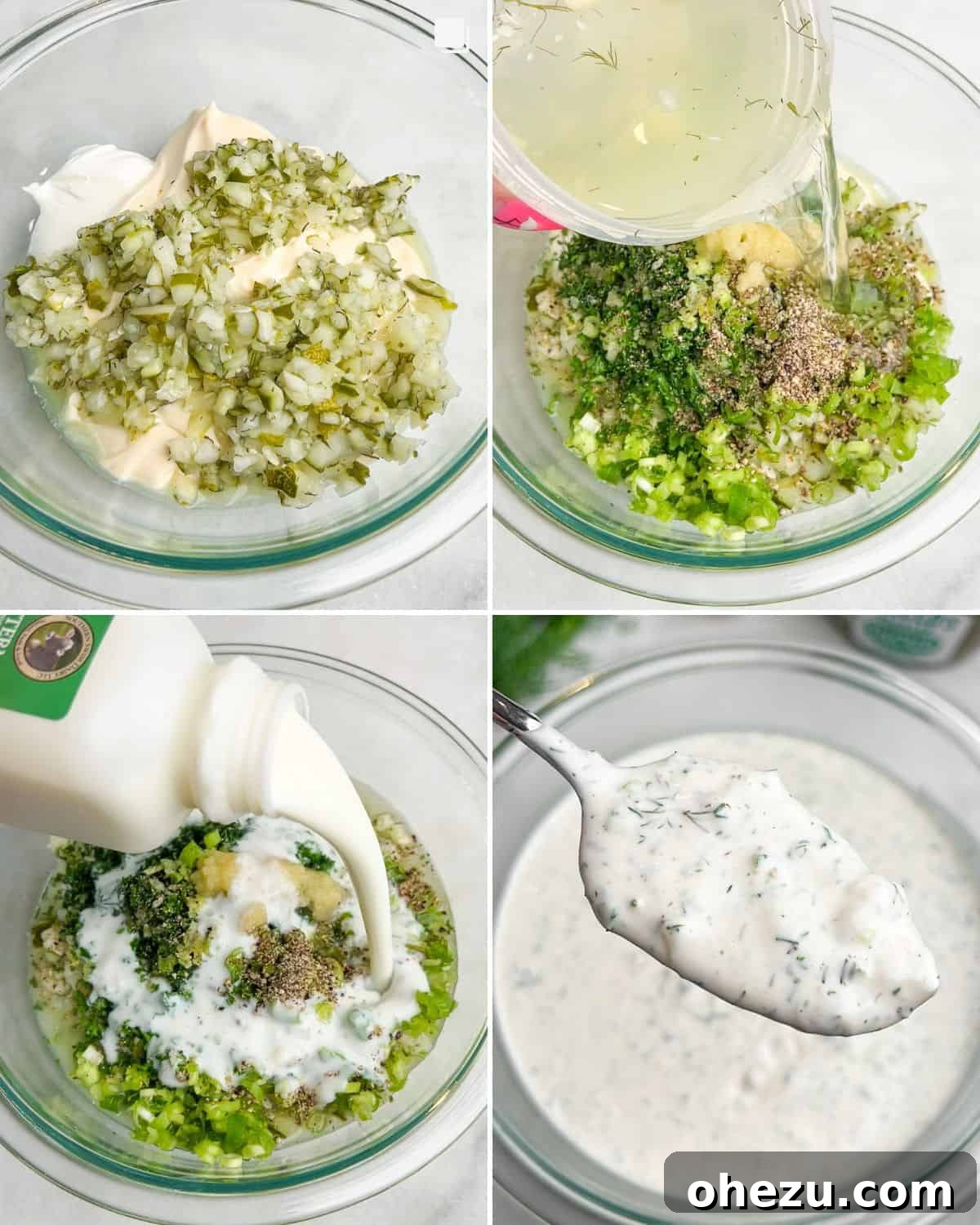 Dillicious Dip Sensation 5 Step-by-step process of combining ingredients to make ranch pickle dip in a bowl.