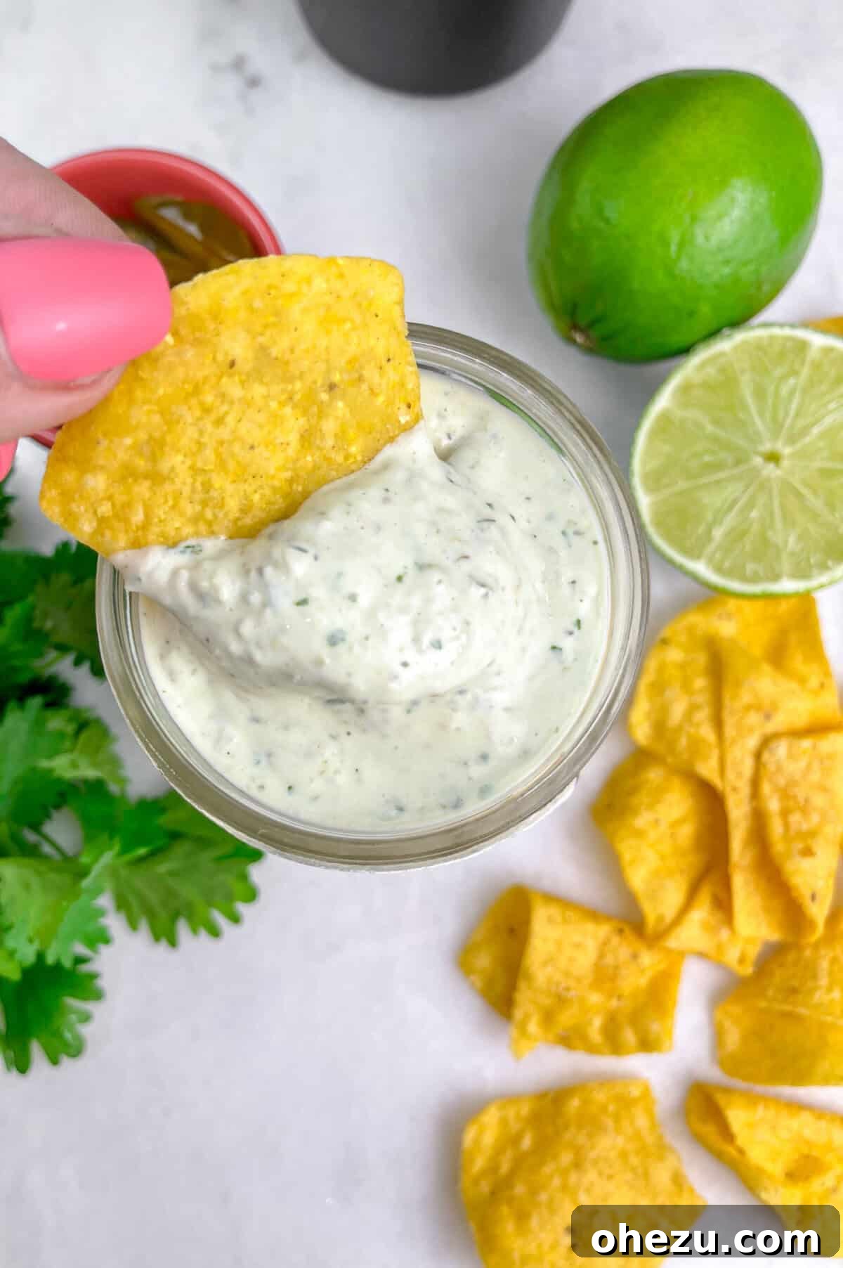 A bowl of creamy jalapeño dip with tortilla chips, a perfect Chuy's copycat recipe.