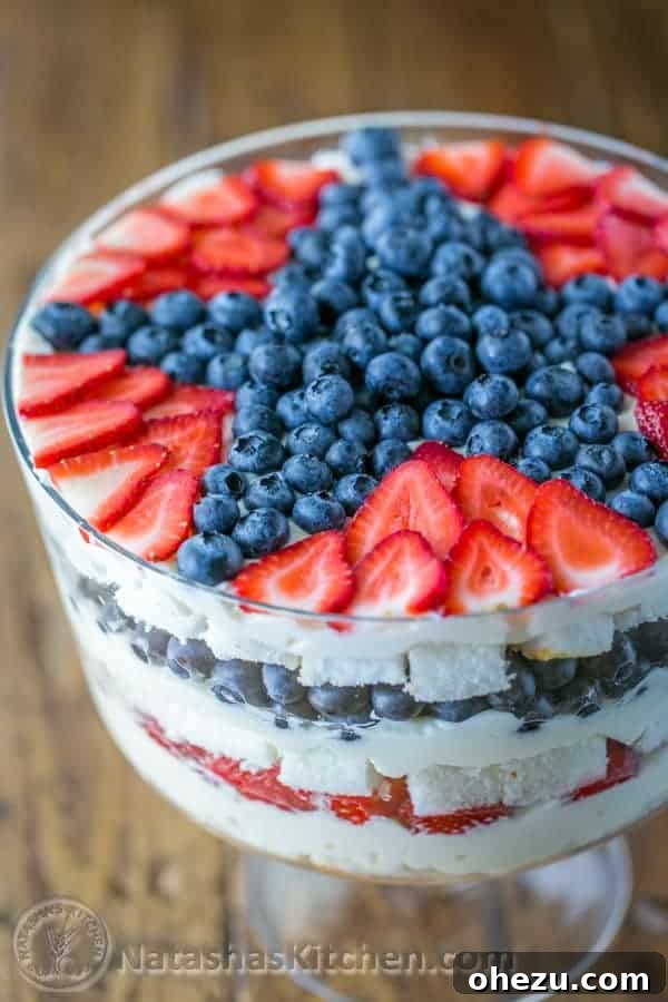 A beautiful No-Bake Strawberry Blueberry Trifle layered in a glass dish, perfect for summer.