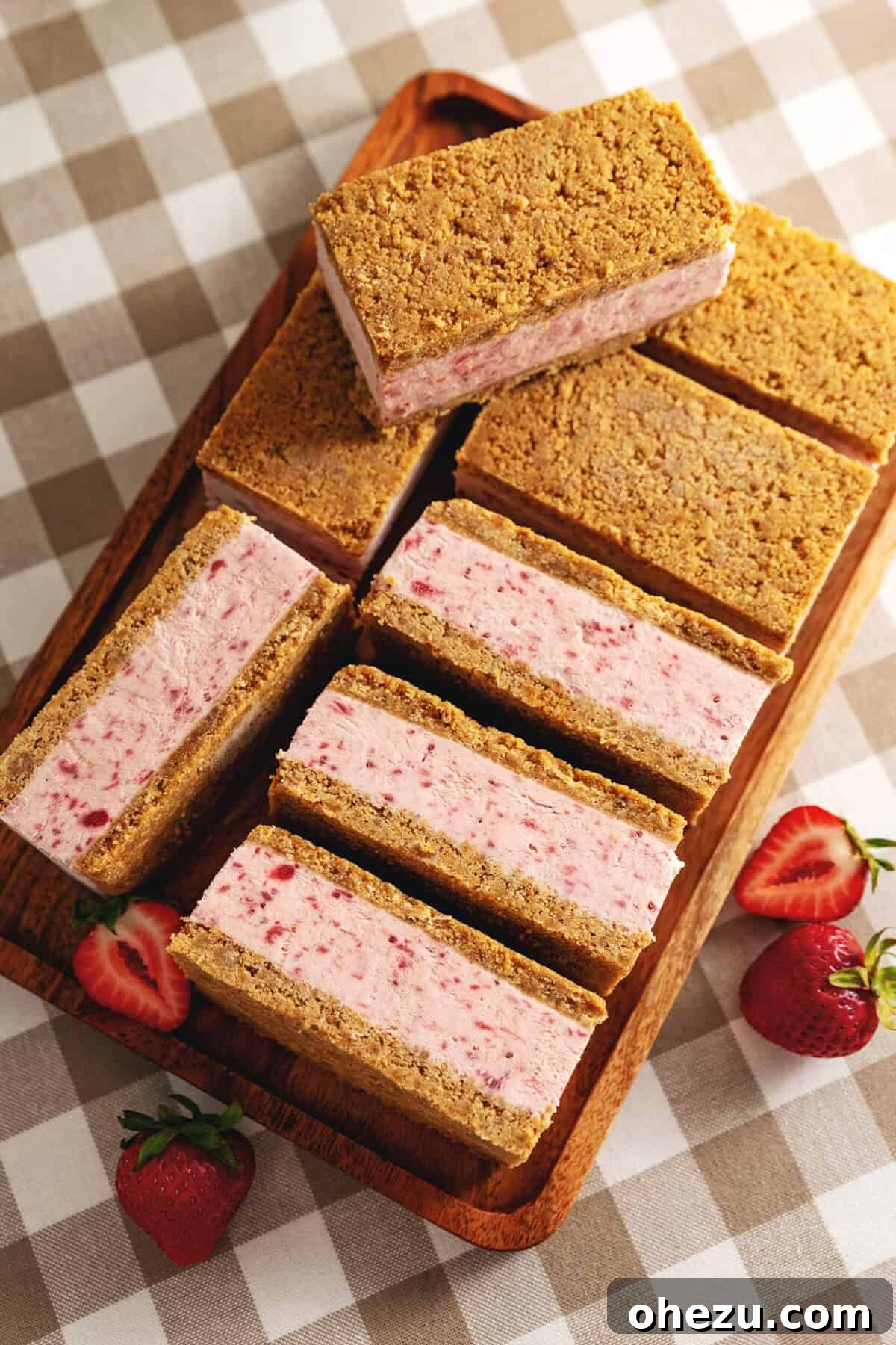 Refreshing Strawberry Ice Cream Sandwiches with graham cracker crust.