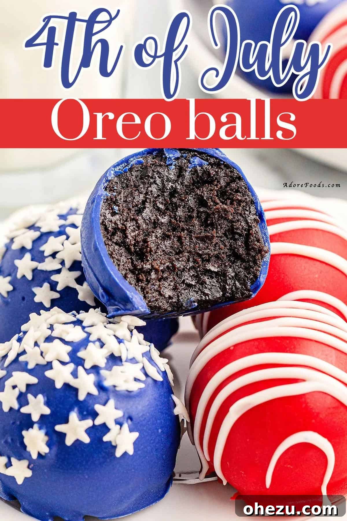 Red, white, and blue 4th of July Oreo Balls decorated with sprinkles.