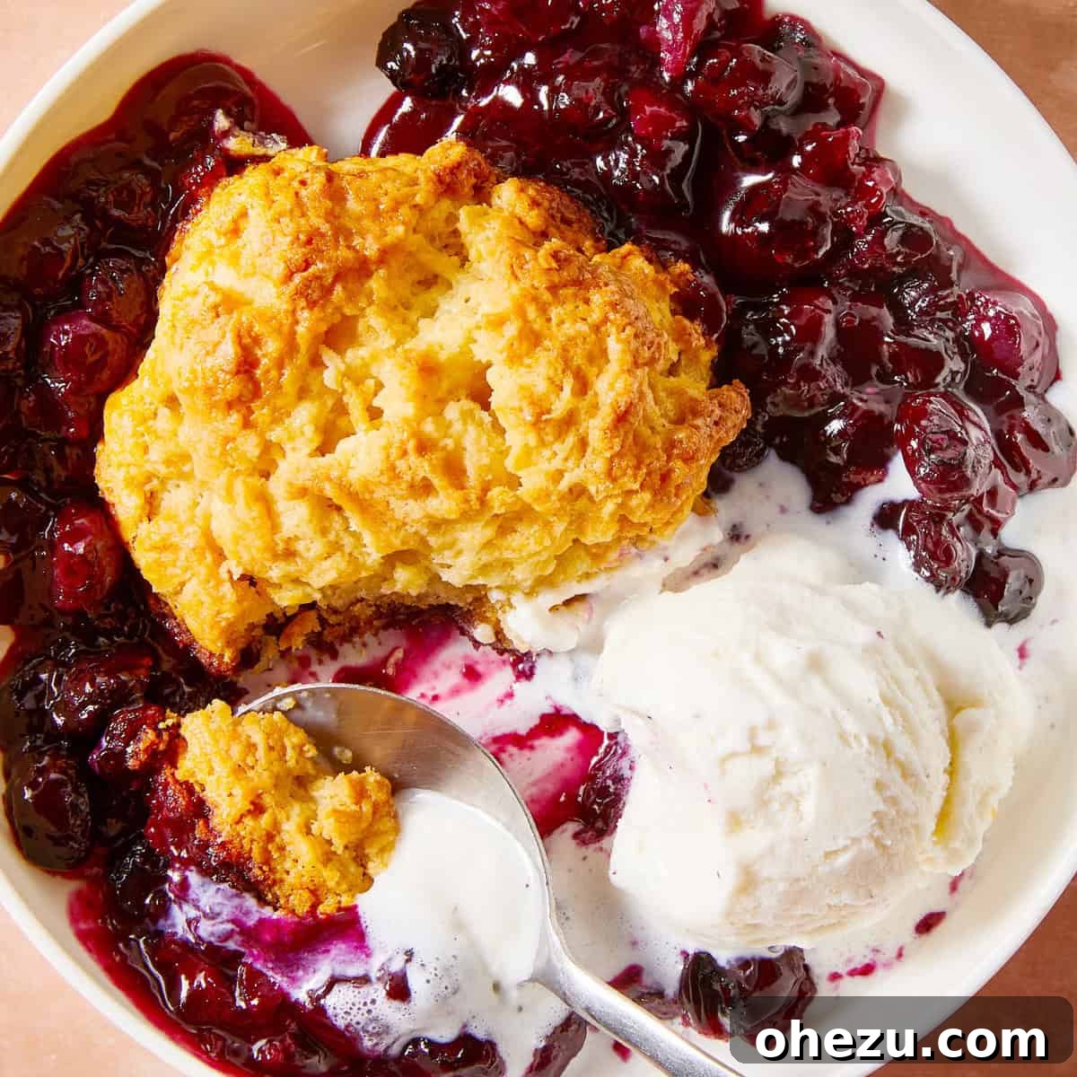 A warm, bubbling Blackberry Cobbler with a golden biscuit topping in a baking dish.
