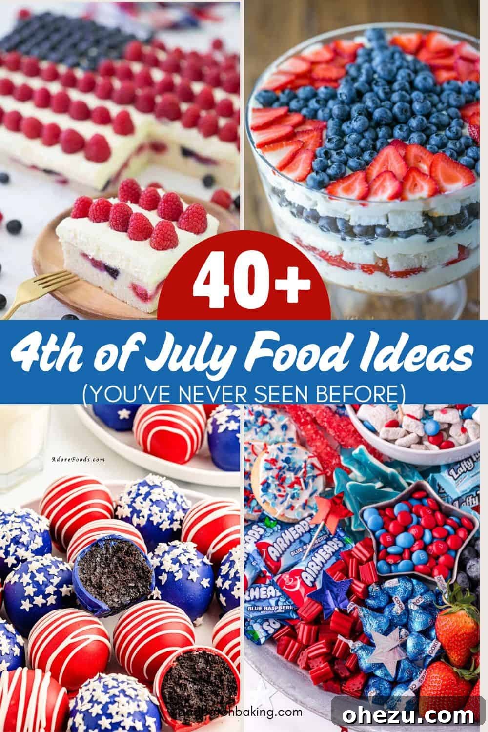 A bright and colorful collection of various 4th of July food ideas, perfect for pinning.