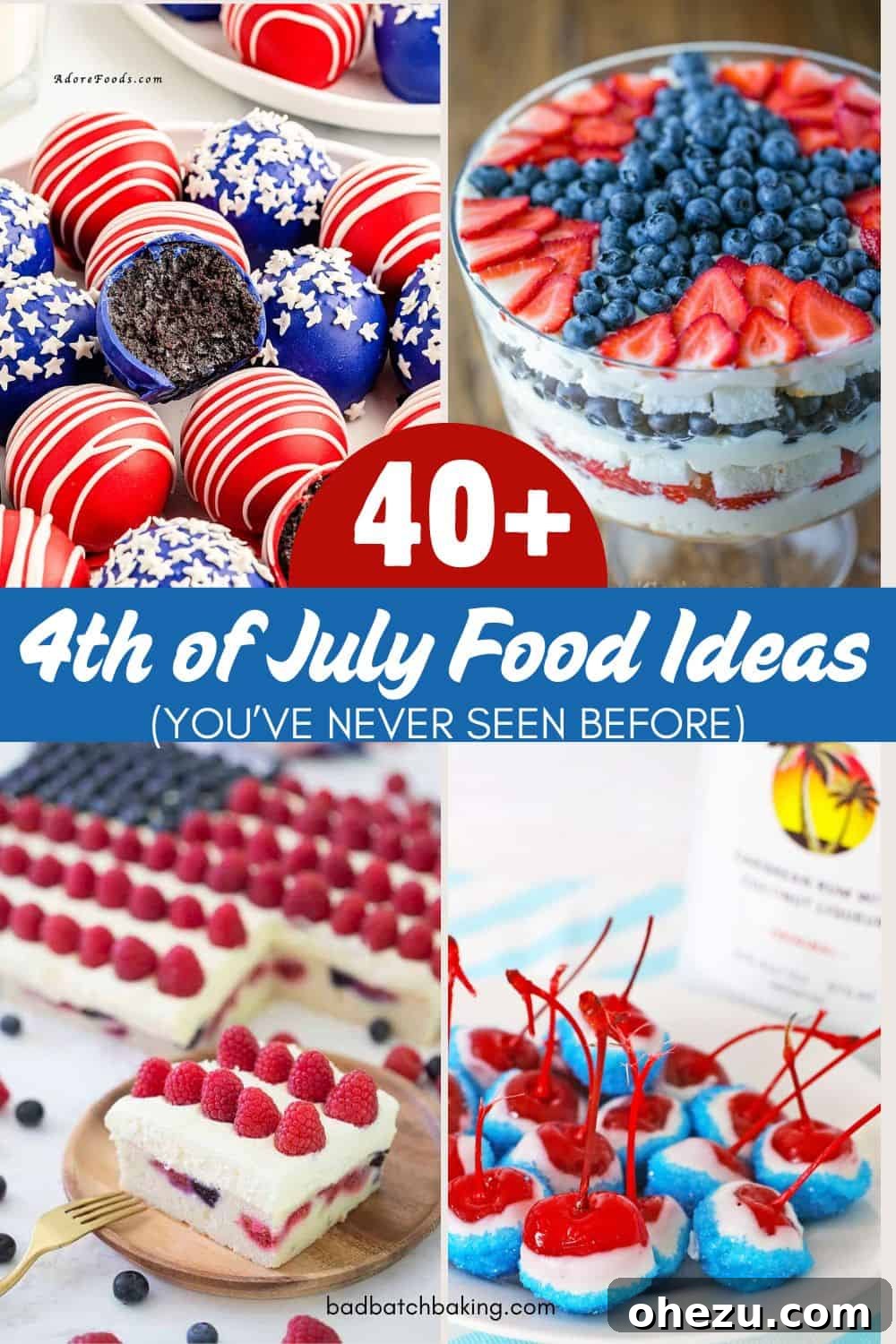 Another beautiful assortment of delicious 4th of July food ideas on a rustic wooden surface.