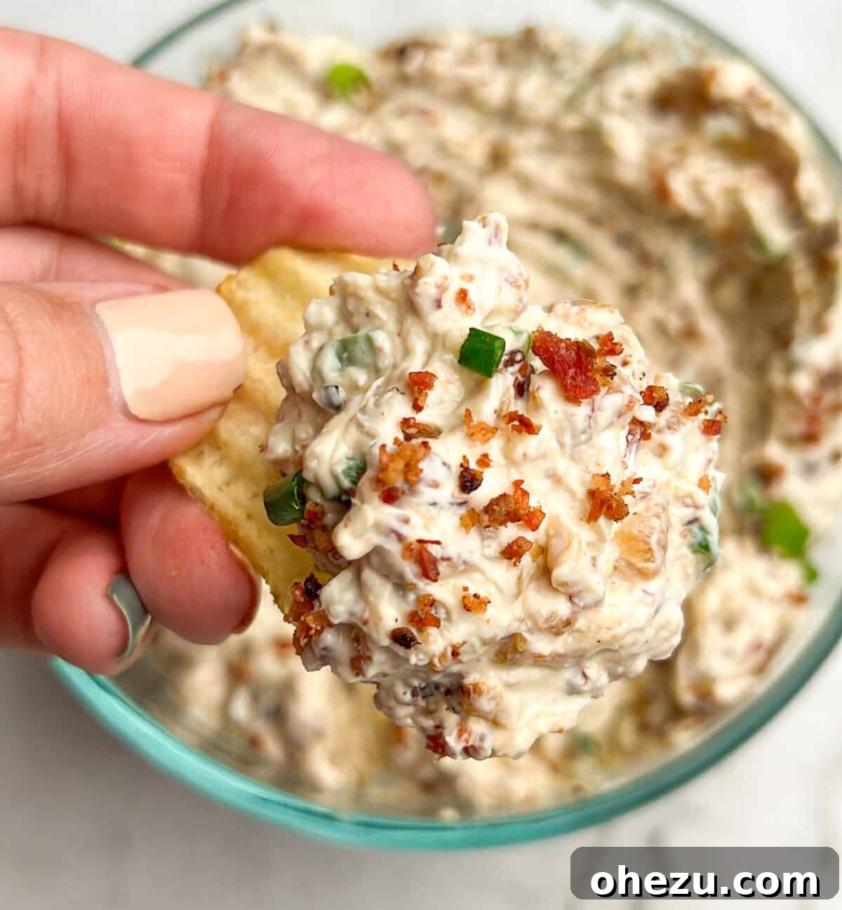 Delicious Caramelized Onion and Bacon Dip in a bowl with potato chips, ready for dipping.