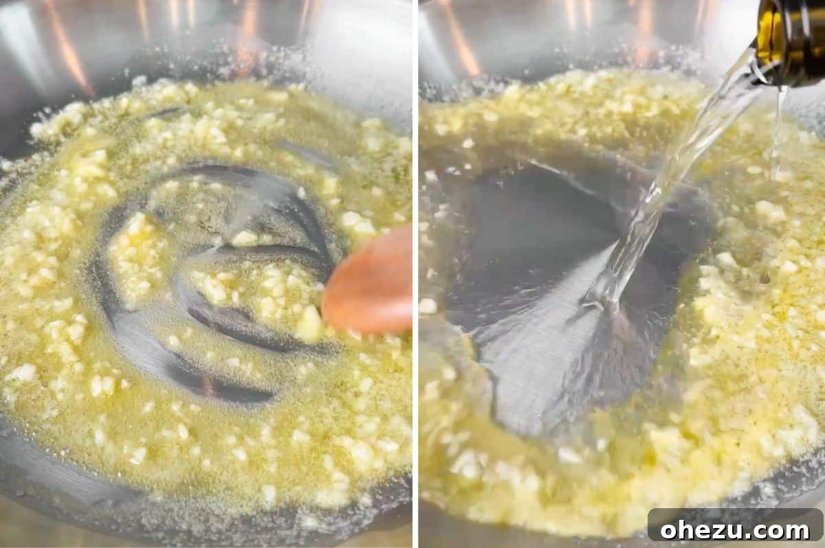 Tuscan Skillet Cream Pasta 4 Step-by-step image: Sautéing minced garlic in melted butter and reducing white wine in a pan for creamy Tuscan pasta.