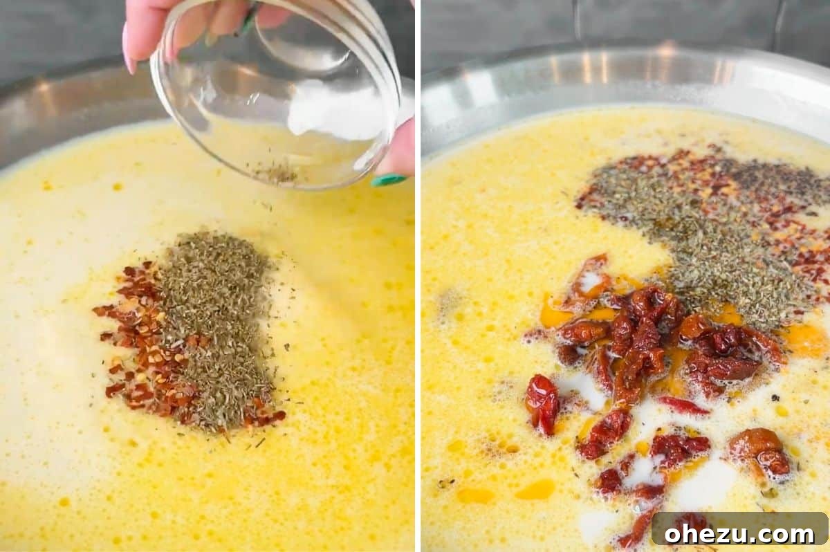 Tuscan Skillet Cream Pasta 5 Step-by-step image: Adding chicken stock, cream, seasonings, and sun-dried tomatoes to the pan to create the creamy sauce.