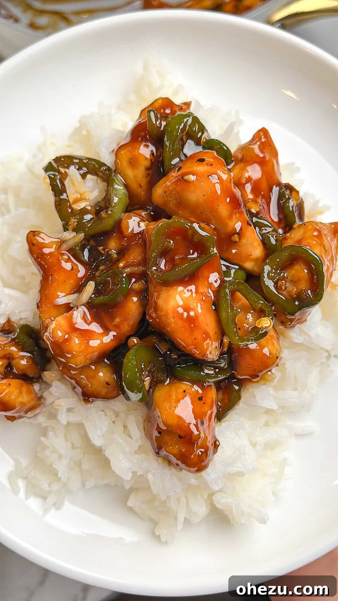 25 Effortless Meals for Busy School Days 5 Close-up of Sticky Jalapeno Chicken served over white rice