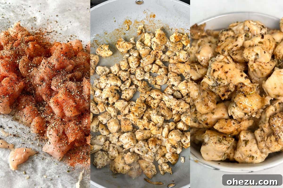 The process of preparing the seasoned, diced chicken for a rich and creamy filling in Marry Me Stuffed Shells. Step-by-step process of seasoning and pan-frying diced chicken for Marry Me Chicken Stuffed Shells.