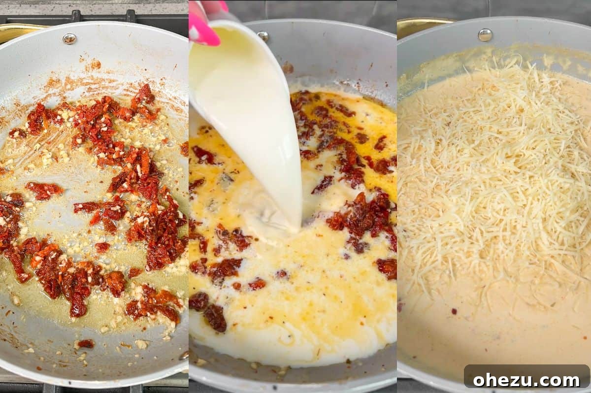A step-by-step visual on crafting the rich and creamy sun-dried tomato sauce for Marry Me Chicken Stuffed Shells. Detailed process shots showing the preparation of the creamy sun-dried tomato sauce for pasta.