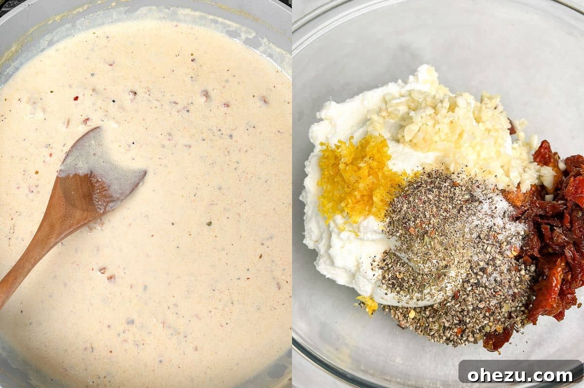 A glimpse at the finished creamy sauce and the prepared ricotta and chicken filling, ready for assembly. Visual guide: one image of creamy tomato sauce, another of ricotta filling ingredients in a bowl for stuffed shells.