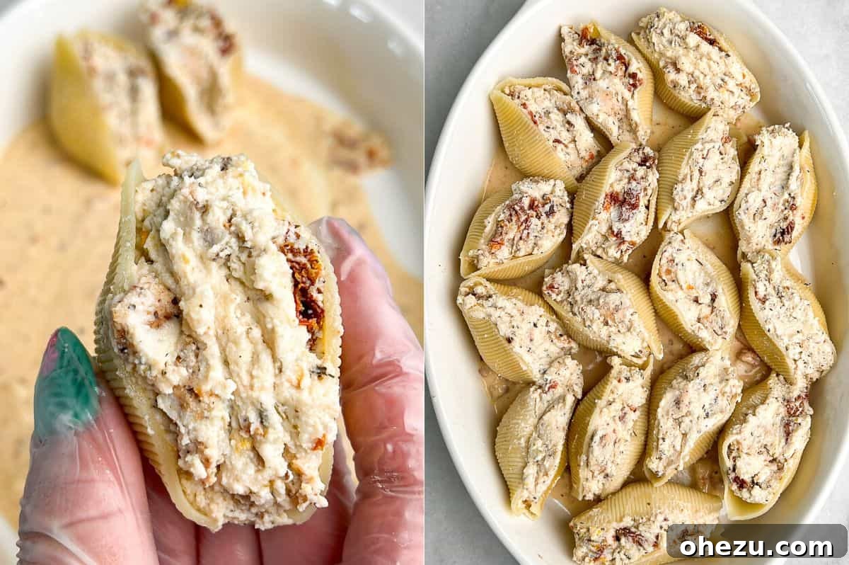 Detailed images showcasing the stuffing process and arranging Marry Me Chicken Stuffed Shells in a baking dish. Close-up of a perfectly stuffed jumbo shell, and a plate overflowing with Marry Me Chicken Stuffed Shells.