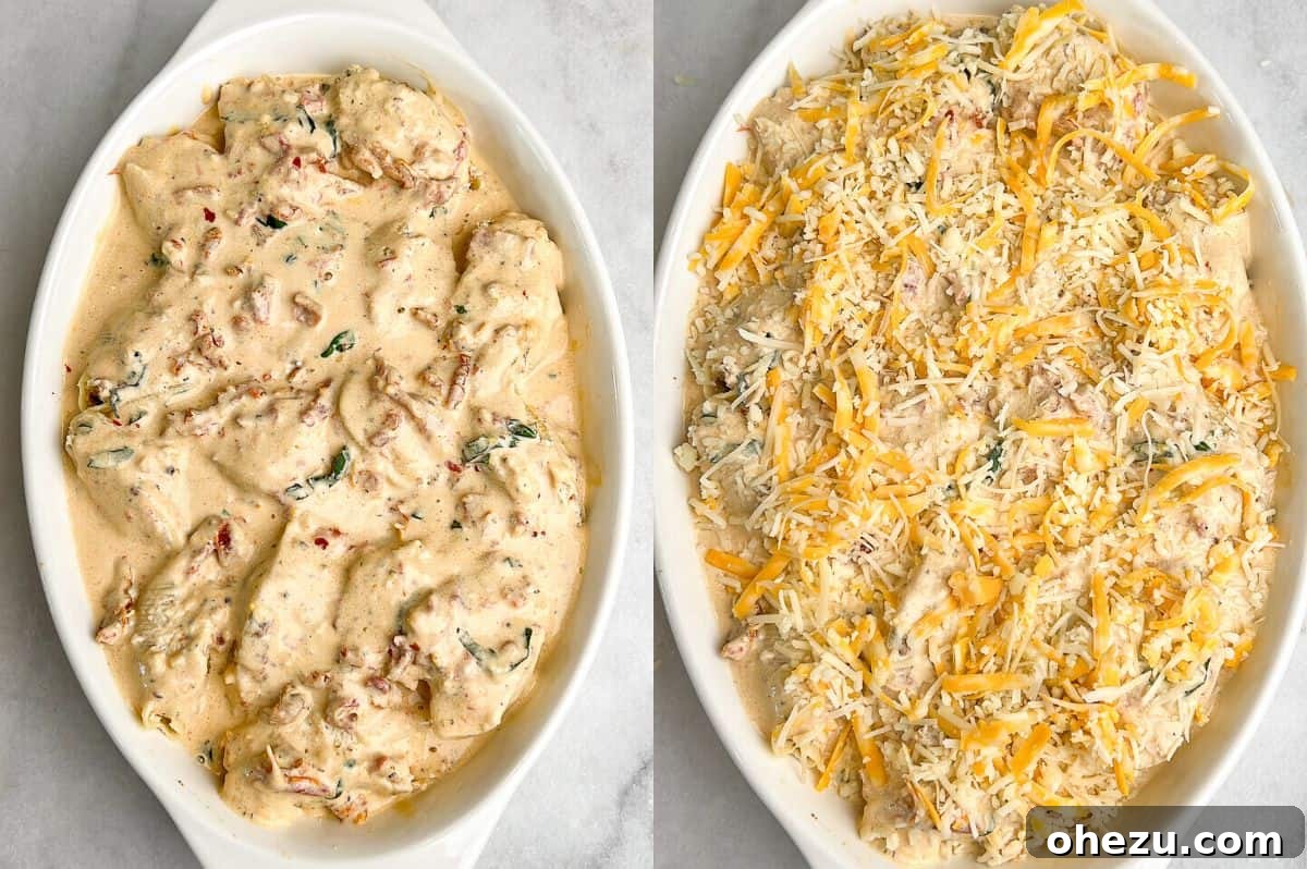 The final steps: Marry Me Chicken Stuffed Shells covered with sauce and topped with shredded cheese before baking. Process photos: Stuffed shells generously covered with creamy sauce, then topped with a layer of shredded cheese, ready for baking.