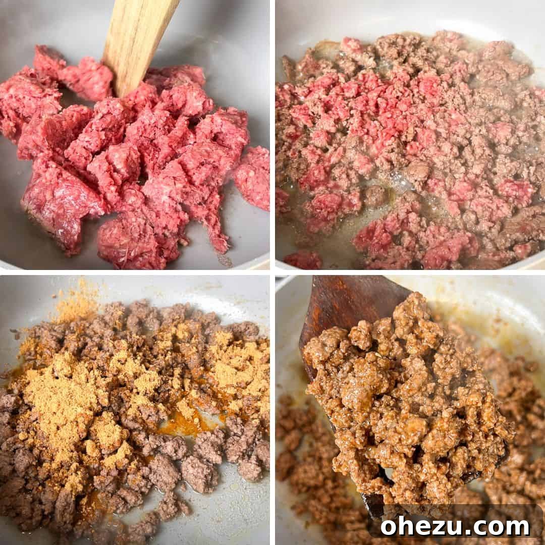 A visual collage demonstrating the process of seasoning, cooking, and crumbling ground beef for taco burgers.