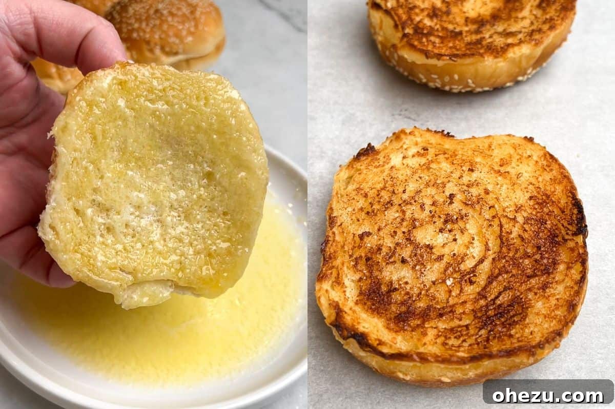 Side-by-side images showing a hamburger bun being brushed with melted butter and a tray of perfectly toasted burger buns.