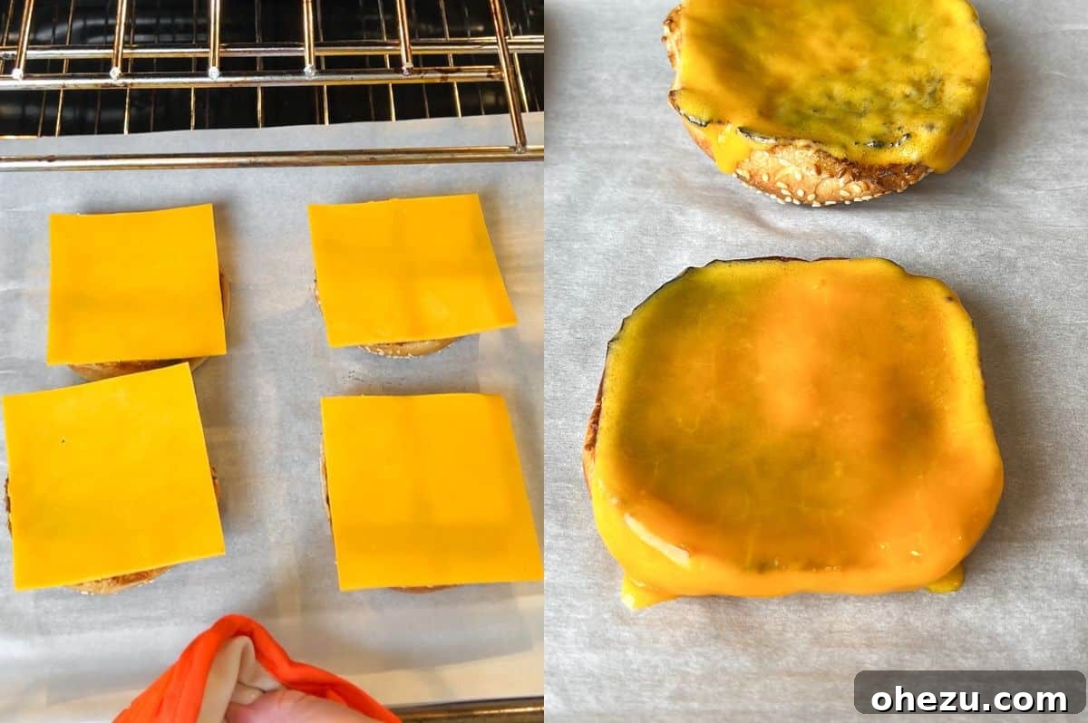 A collage of images illustrating the process of melting cheddar cheese onto toasted hamburger buns for a taco burger.