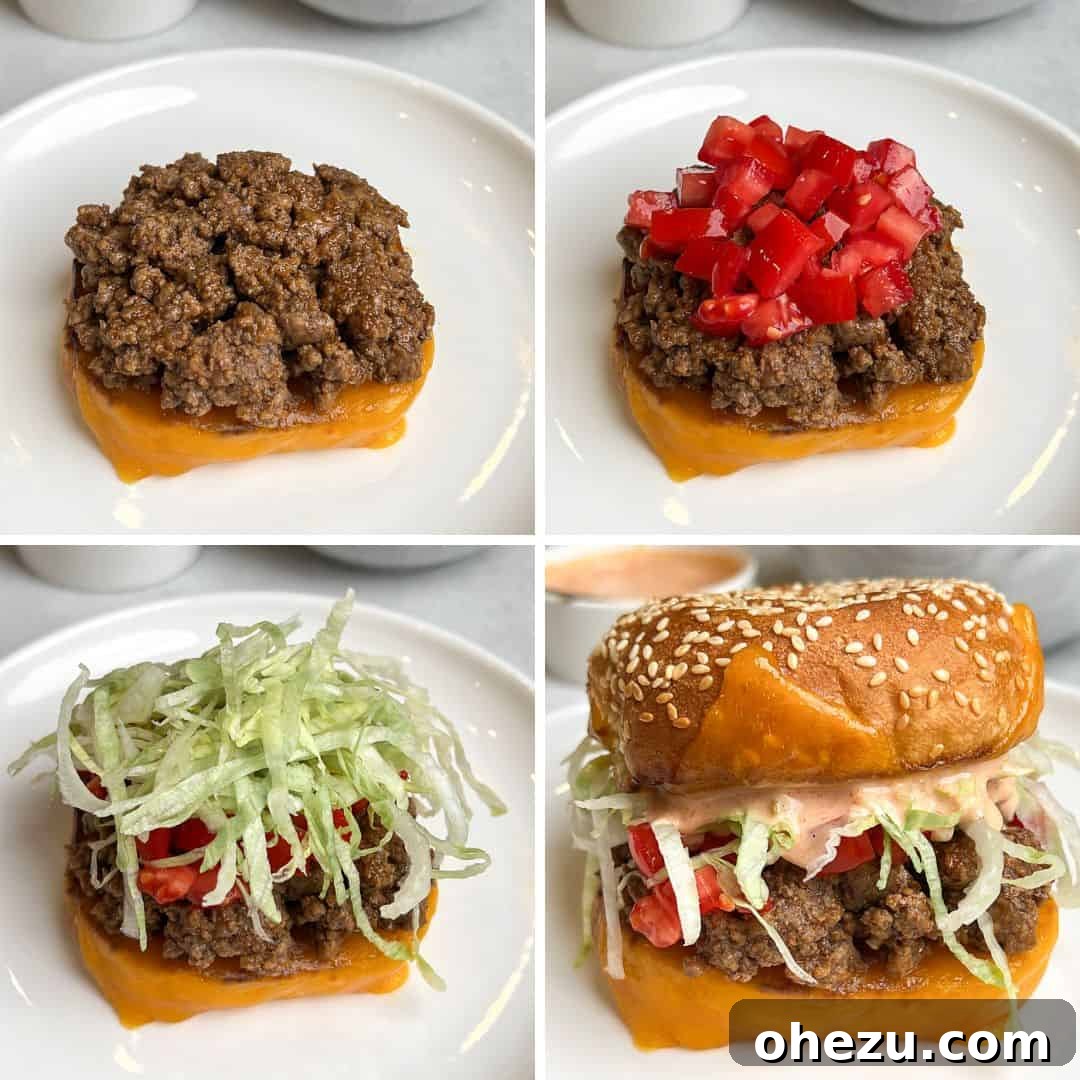A step-by-step visual guide showing how to assemble a Tex-Mex Taco Burger with all its delicious toppings.