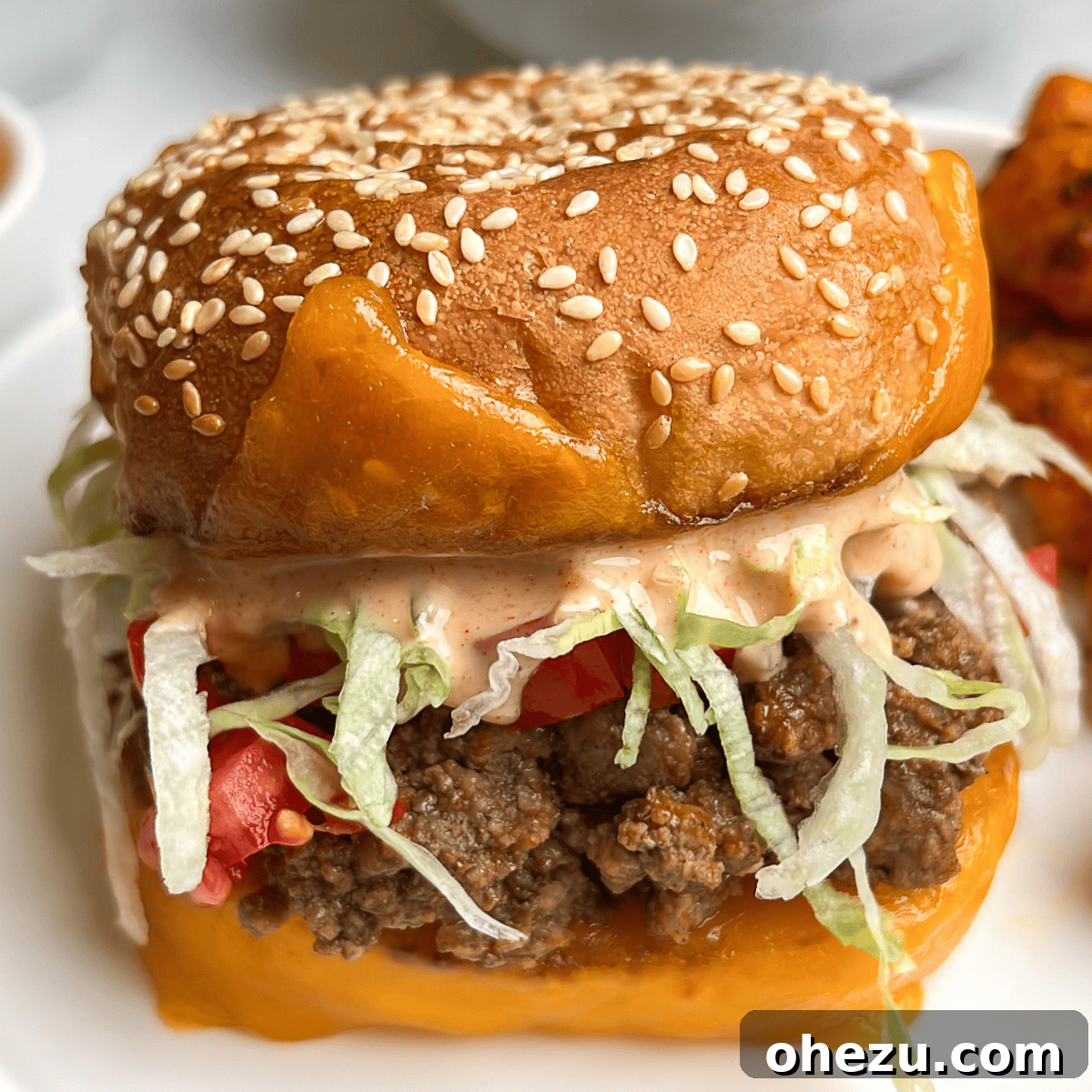 A close-up photograph of a vibrant and delicious Tex-Mex Taco Burger, highlighting its textures and toppings.