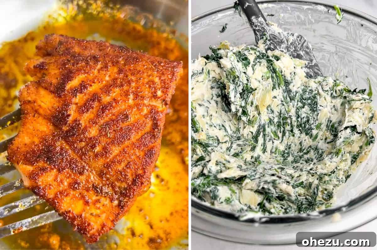 Side-by-side images. One is of raw salmon seasoned with blackened Cajun spices, and the other is of a bowl full of creamy spinach artichoke spread.