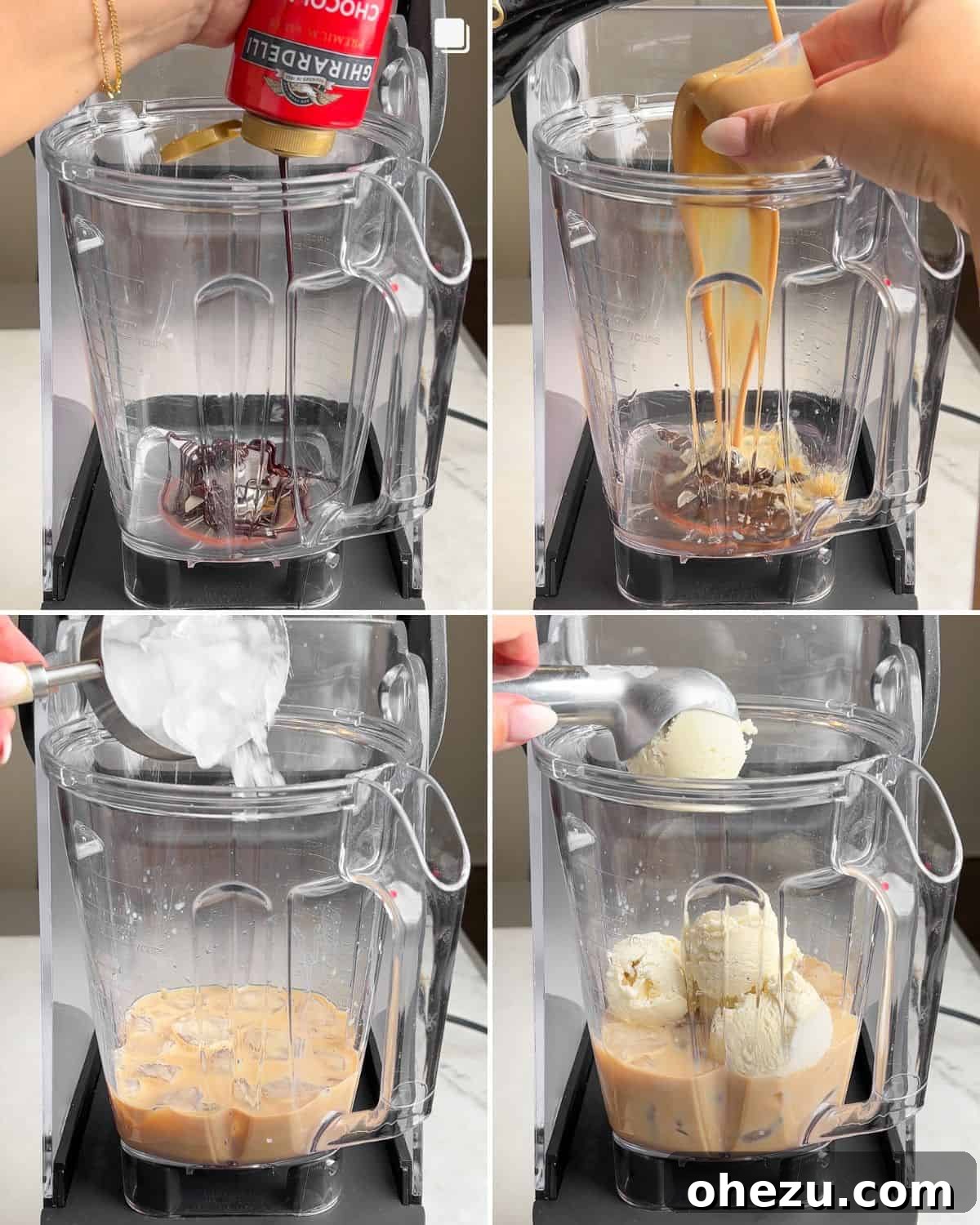 The process of making a frozen mudslide: a blender filled with ingredients and a glass being drizzled with chocolate.