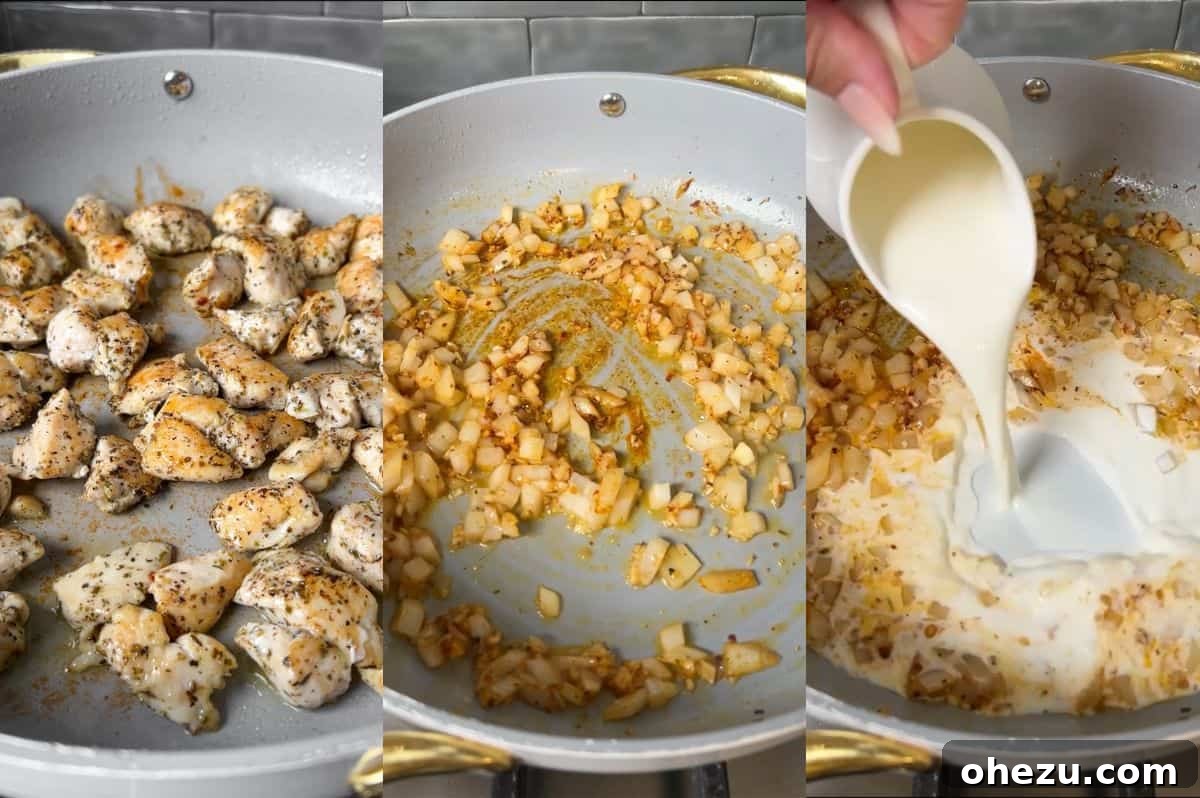 Step-by-step collage showing how to cook the chicken, sauté aromatics, and build the creamy sauce for pesto chicken pasta bake.