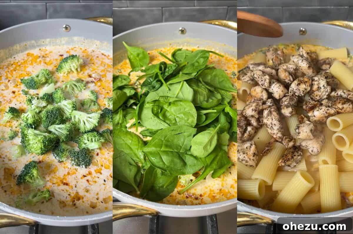 Step-by-step collage for pesto chicken pasta bake showing the addition of vegetables, pasta, and chicken to the sauce.