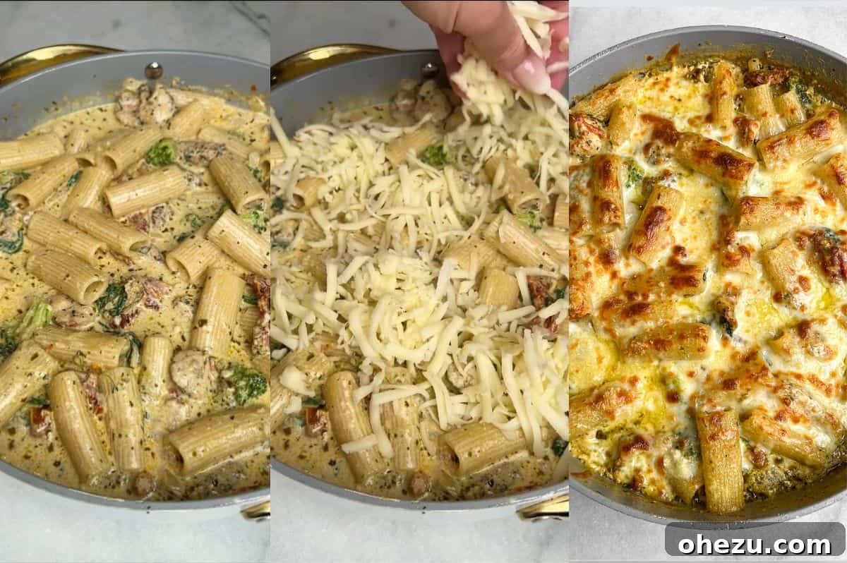 Step-by-step collage for pesto chicken pasta bake showing cheese topping and broiling for a golden finish.