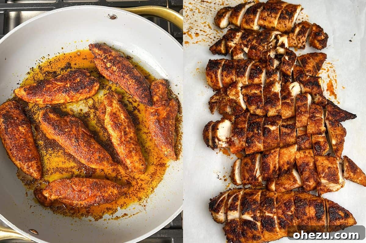 Step-by-step images for making Cajun-seasoned chicken tenderloin in a skillet.