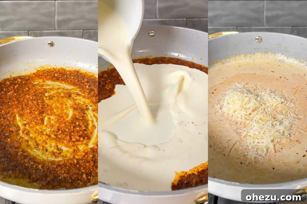 Step-by-step images for making creamy Cajun Alfredo sauce in a skillet.