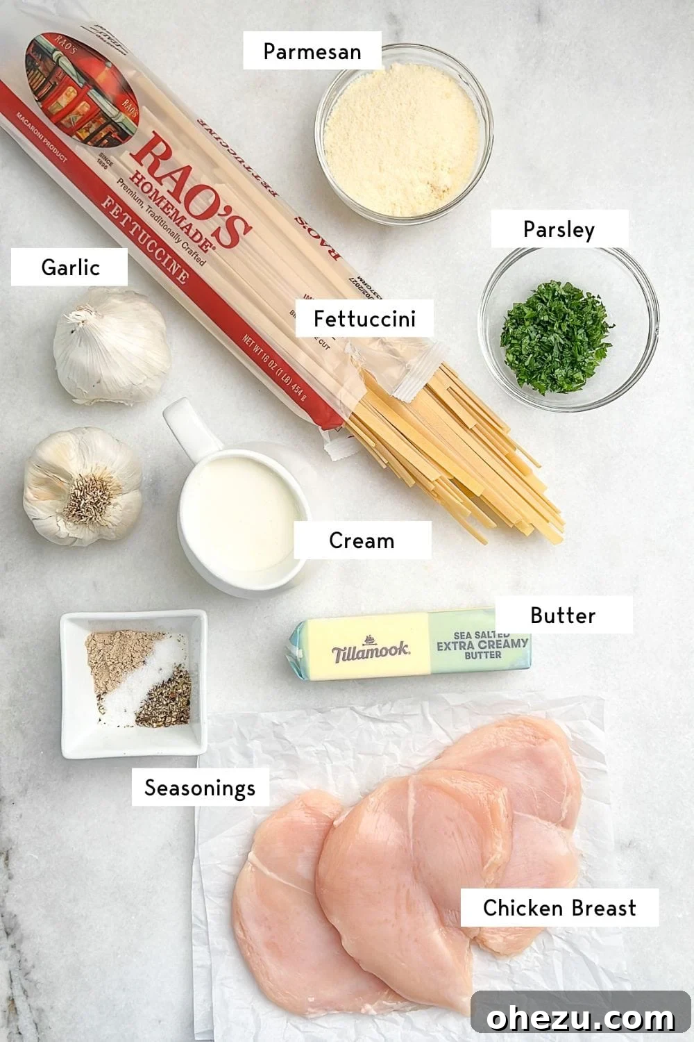 The Ultimate Creamy Chicken Alfredo 4 Ingredients measured out for chicken alfredo