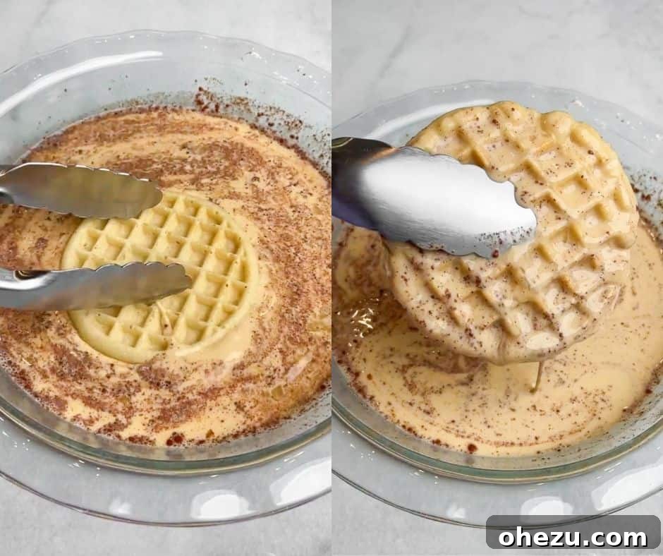 A collage of images demonstrating the process of soaking frozen waffles in a creamy French toast batter, preparing them for cooking.