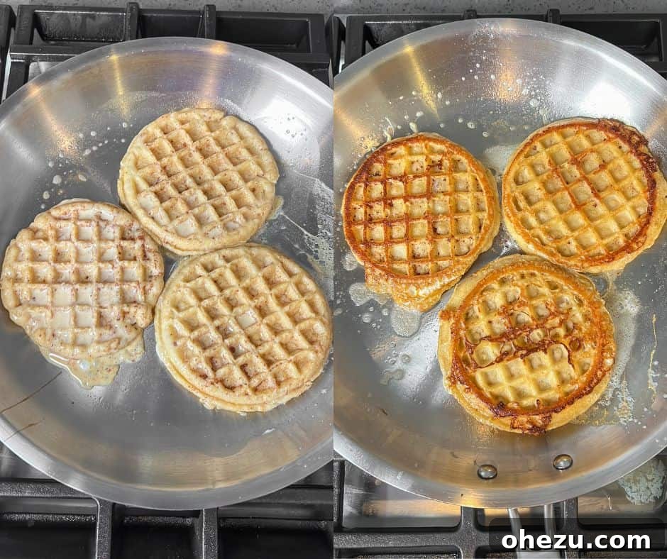 A collage of images illustrating the cooking process of French toast waffles in a hot skillet until golden brown and crispy.