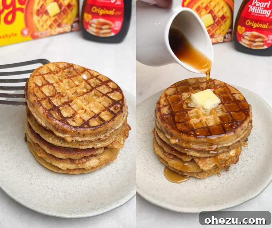 A collage of two images: one showing French toast waffles being stacked onto a plate, and the other depicting the final dish topped with butter and flowing maple syrup.